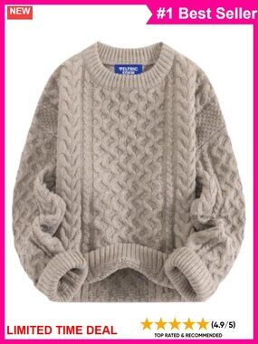 Oversized Chunky Cable Knit Crew Neck Pullover Sweater